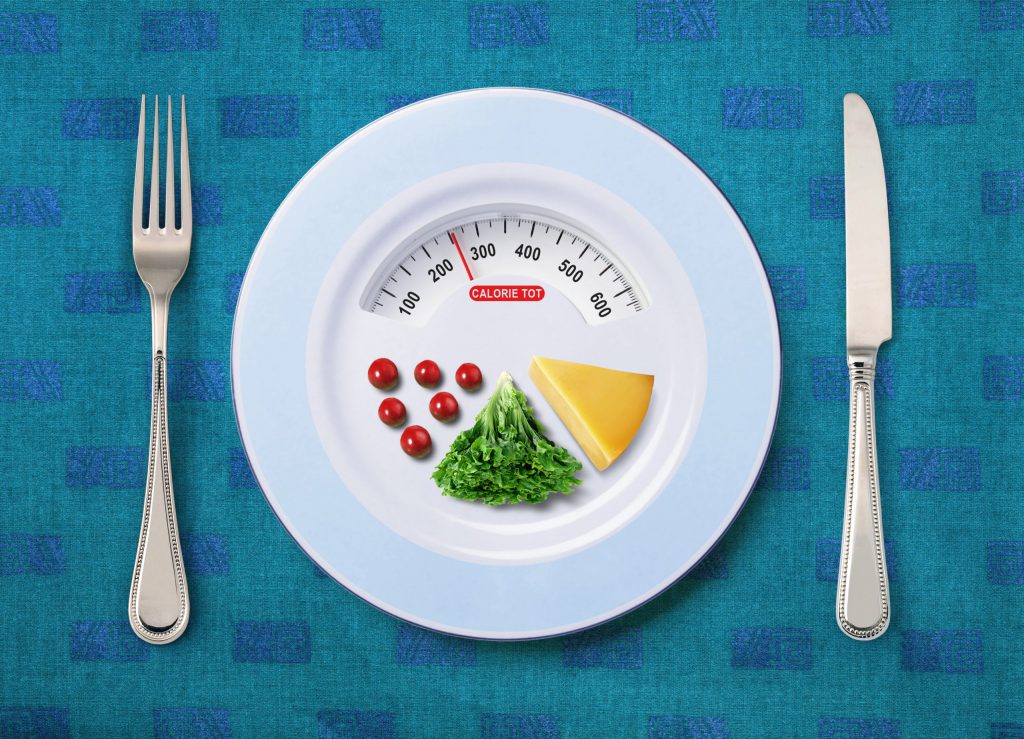 a plate, fork, and knife with food on it plus a scale to illustrate How Many Calories Should You Eat Per Day to Lose Weight